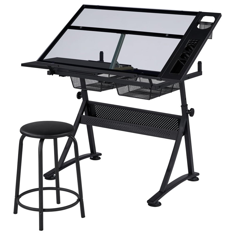 Adjustable Glass Top Metal Base Drafting Table