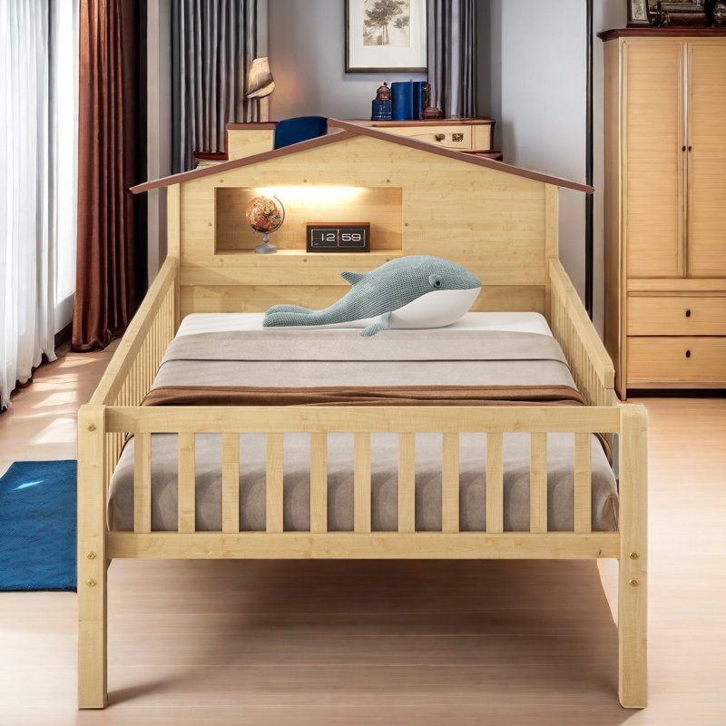 Lit plateforme avec rangement Aleczandria, Lit simple, Naturel