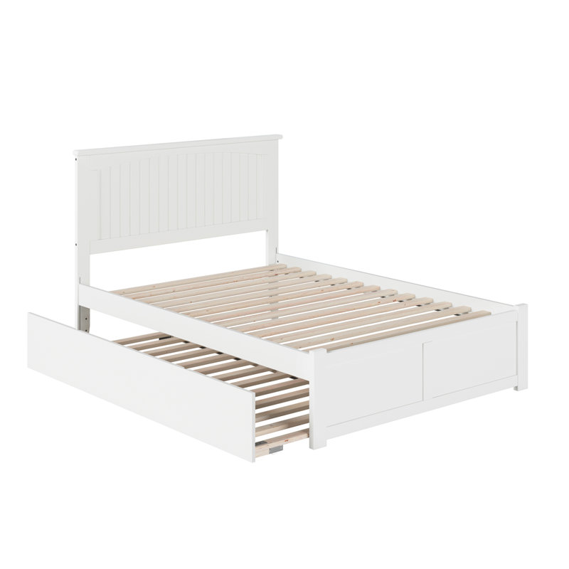 Lit plateforme en bois massif avec pied de lit et gigogne Kindig, Blanc, Double
