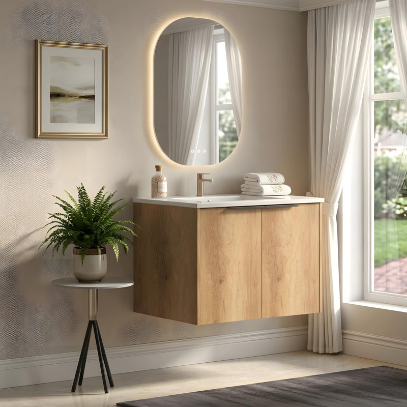 Meuble-lavabo mural 30 po avec lavabo en céramique, armoire avec portes et tablettes intégrées