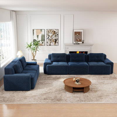 Ensemble de canapé modulaire à assise profonde avec une combinaison deux places + trois places, fabriqué en tissu de velours côtelé, passepoil perlé, conception touffetée, sans assemblage, conception antidérapante, bleu
