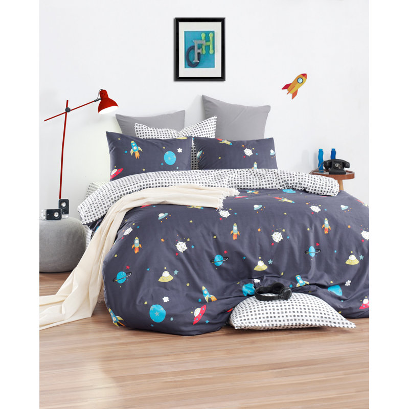 Ensemble de housse de couette 100% coton Argyle bleu foncé / blanc / jaune