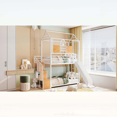 Lit simple superposé en métal avec glissade, escalier de rangement et maisonnette pour chambre d'enfant