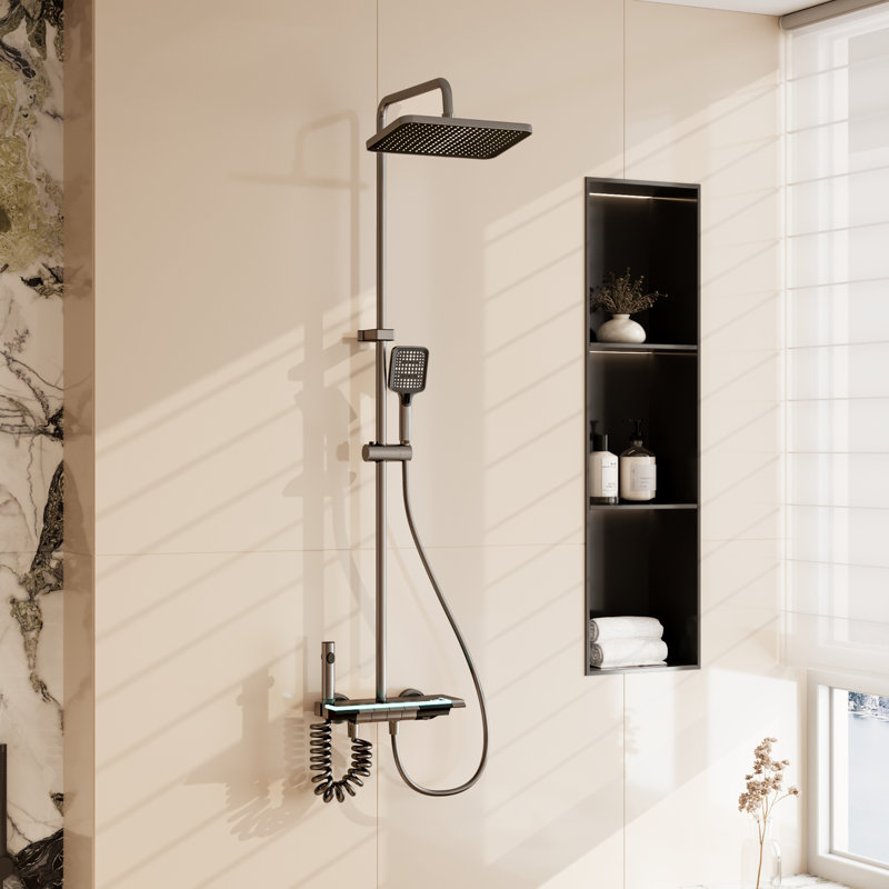 41.3"W X 11.8"D X 11.8"H-Modern Gun Metal Grey Shower System With Pull-Out Rain Shower & 4-Function Controls