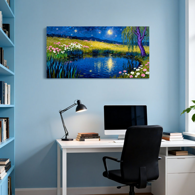 Paysage et nature étang au clair de lune avec fleurs et étoiles, H 16 po x l 32 po