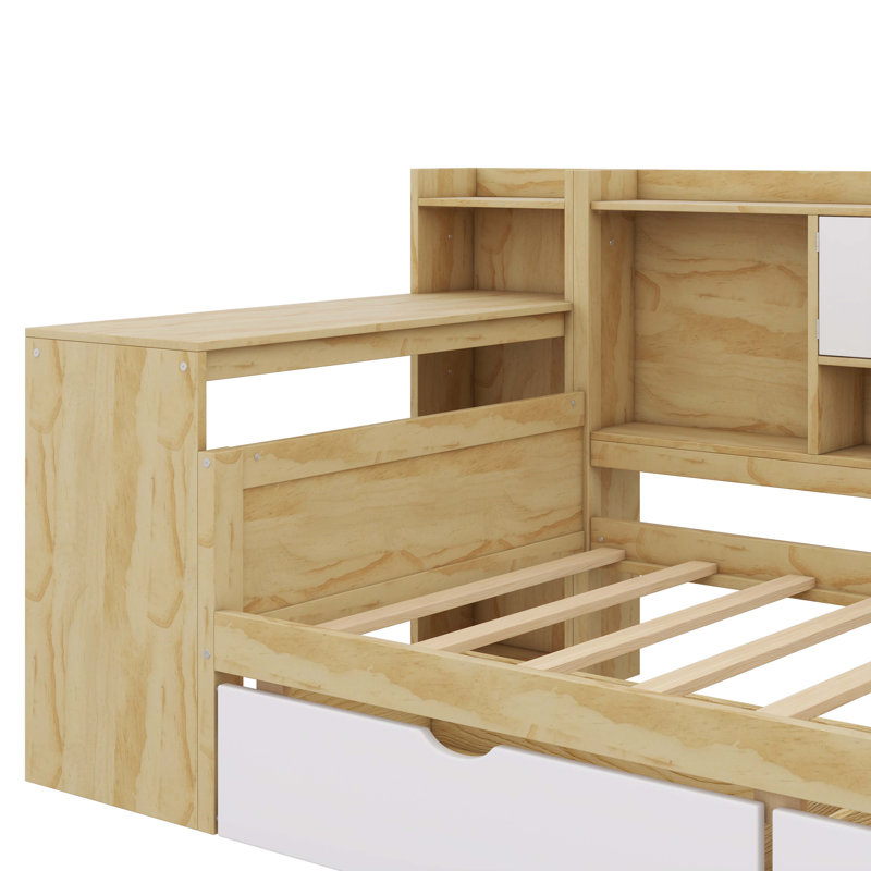 Lit de jour en L en bois avec sept armoires de rangement et deux tiroirs de rangement, lit multifonctionnel avec bureau d'étude
