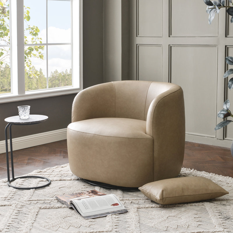 Faux Leather Upholstered Swivel Armchair With Ottoman, Khaki