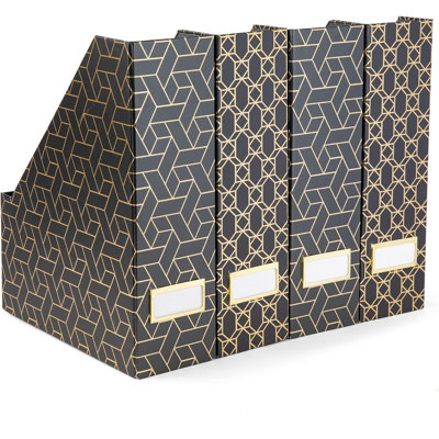 Set of 4 Black & Gold Geometric Magazine File Holders with Gold Label Holders