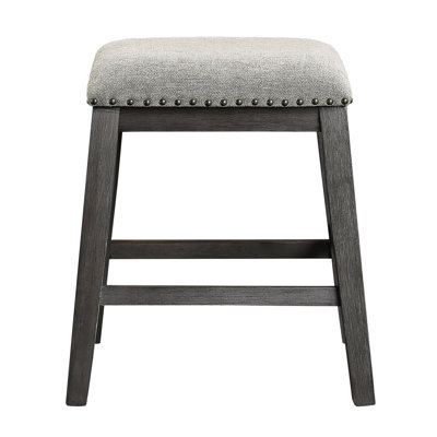 2 Counter Height , Gray Wire-Brushed, Chenille Upholstery Seat, Nailhead Trim Of 2, Upholstery, Wire-Brushed Finish, Wood Stools