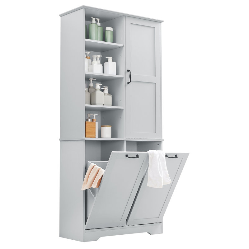 Bathroom Storage Cabinet With Doors And Drawers, Tilt-Out Laundry Hamper, Multiple Storage Space, Freestanding Style, Open Shelve, Adjustable Shelf, Gray