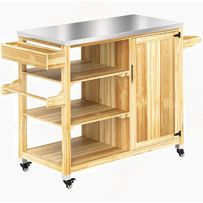 Armoires de rangement polyvalentes, avec plateau en acier inoxydable, chariot de barbecue extérieur, îlot de cuisine extérieur en bois massif avec roulettes