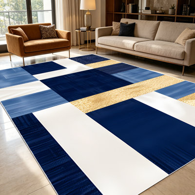 1PC Modern Geometric Block Plaid Navy Light Blue Gold White Abstract area rugs for Living Room, Soft and Comfortable, Suitable for all seasons, easy-to-maintain, machine washable Indoor floor mat, Under Table Farmhouse suitable for dining room...