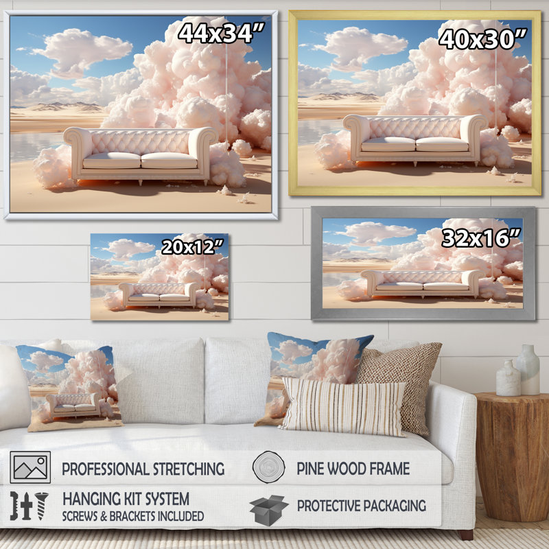 Marshmallow Mirage Fluffy Cloud sur toile, Cadre simple noir, H 30 po x l 40 po x P 1,5 po