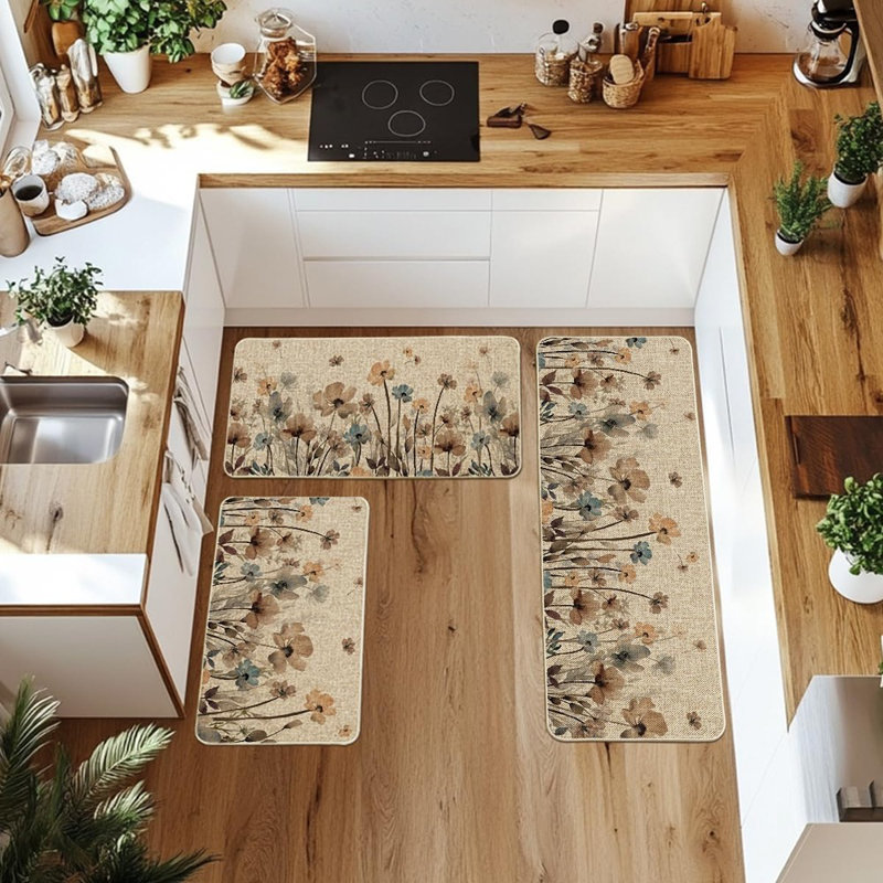 Kitchen Rugs - Brown , Poppy Floral Leaves, Spring Floor Mats, Set Of 3
