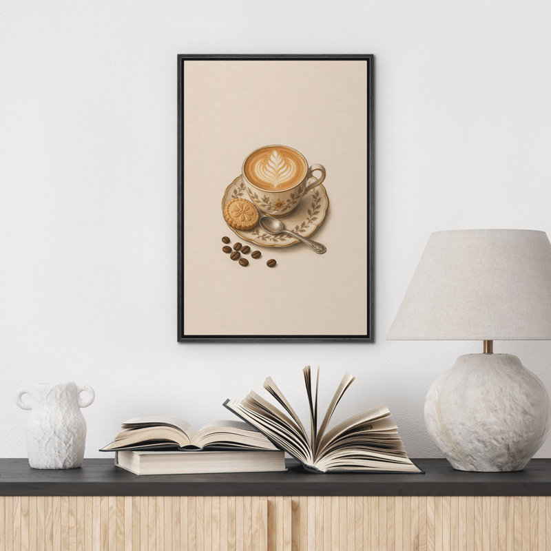 «Coffee Cup Latte Biscuit Minimal Kitchen Still Life», reproduction d'art sur toile encadrée dans la chambre principale