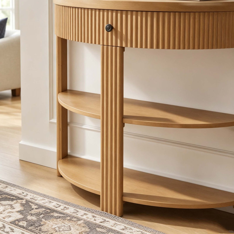 Console cannelée demi-lune avec tiroir et tablettes, Naturel