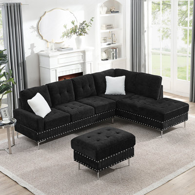 Canapé modulaire 3 places avec méridienne, repose-pieds avec rangement, pieds en métal et clous en cuivre, deux coussins blancs
