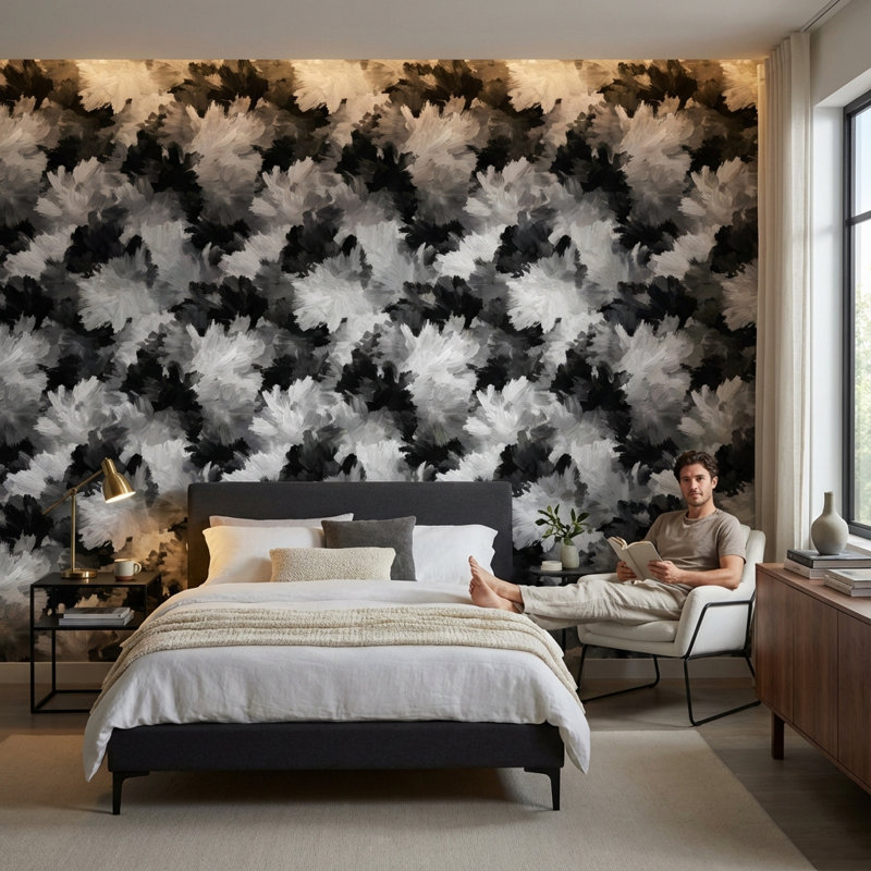 Abstrait mural floral abstrait noir et blanc