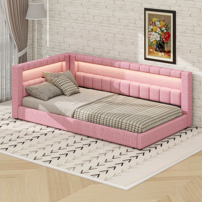 Upholstered Daybed With Storage, L-Shaped Daybed With LED Belt And USB Ports, Linen Fabric Day Bed Frame, Twin XL, Pink