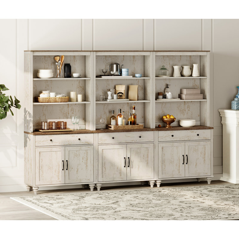 Scarlett Sideboard Cabinet With Bar Hutch, Farmhouse Sideboard Credenza For Dining Room, Modern Buffet Cabinet, Large Storage Cabinet With Wood Doors And 5 Tier Shelve, Rustic White, 102"