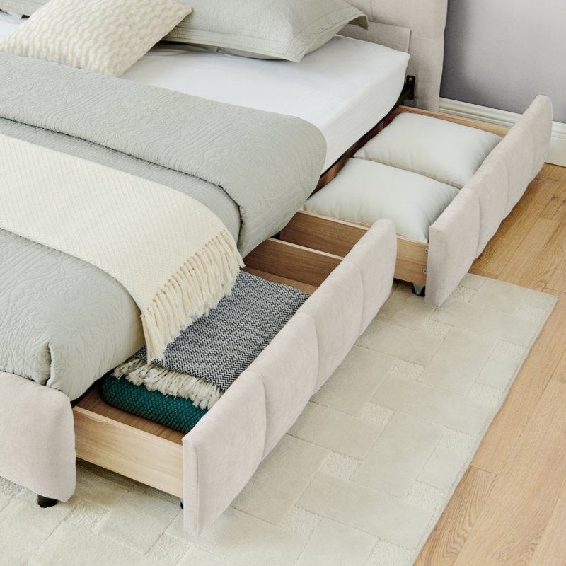 Storage Upholstered Bed Frame with Thick Fabric, Beige, King