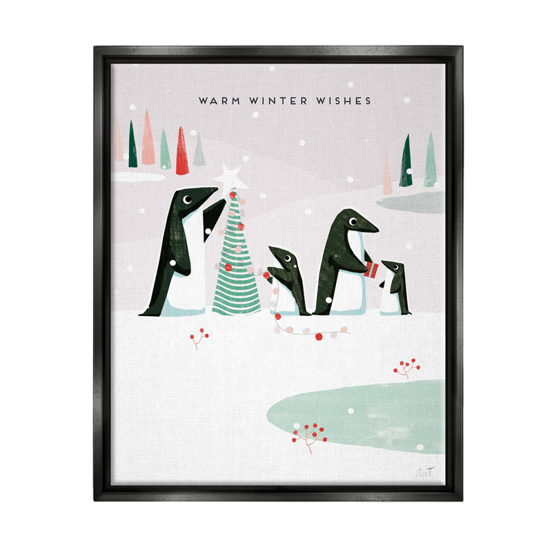 «Warm Winter Wishes Snowy Penguins» par Andrew Thornton, Cadre flottant noir de jais, H 21 po x l 17 po x P 1,7 po