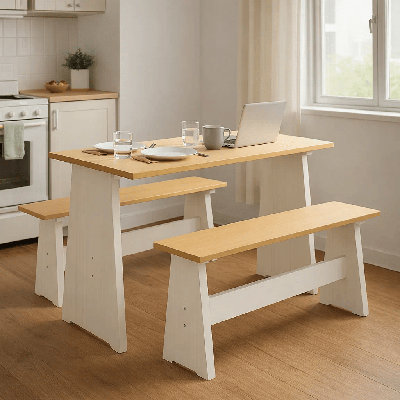 Chapman Minimal Solid Wood Three-Piece Dining Set With Table And Benches by Winston Porter