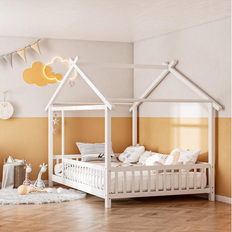 Lit à baldaquin en bois massif pour enfants Andry, Blanc, Lit double