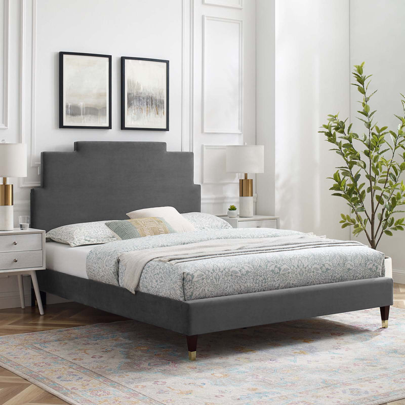 Lindsey Performance Velvet Platform Bed, Charcoal, King