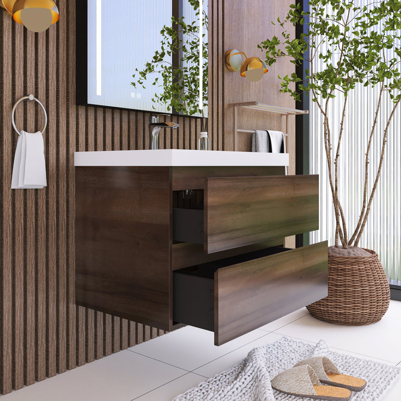 Meuble-lavabo simple 30 po avec plateau en résine Jaidy, Chêne gris