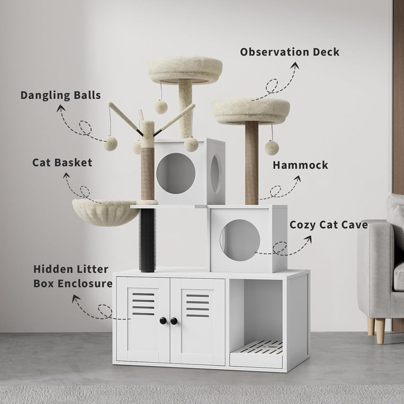 Arbre à chat avec bac à litière, tour à chat moderne 2-en-1
