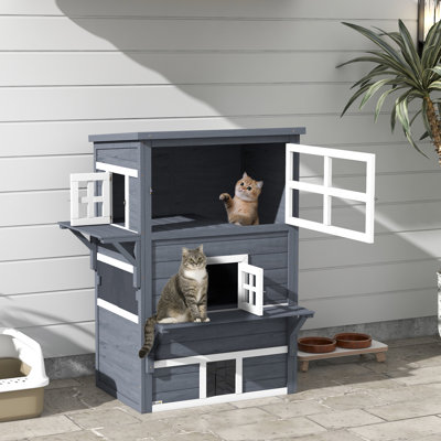 Maison de chat gris foncé à 3 étages, chaton d'extérieur. Possède un plancher surélevé, un toit en asphalte, des portes de secours et des plateformes de saut pour vos animaux de compagnie