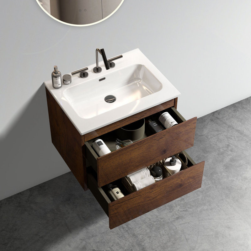 Meuble-lavabo mural 24 po avec lavabo en céramique avec trois trous de robinet, grand meuble-lavabo flottant avec rangement pour salle de bain moderne, lavabo une pièce sans drain, pré-assemblé