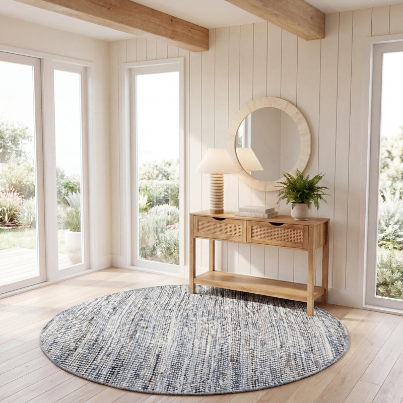 Tapis bleu / ivoire en laine et coton tissé à plat à la main Treece, Rond 4 pi