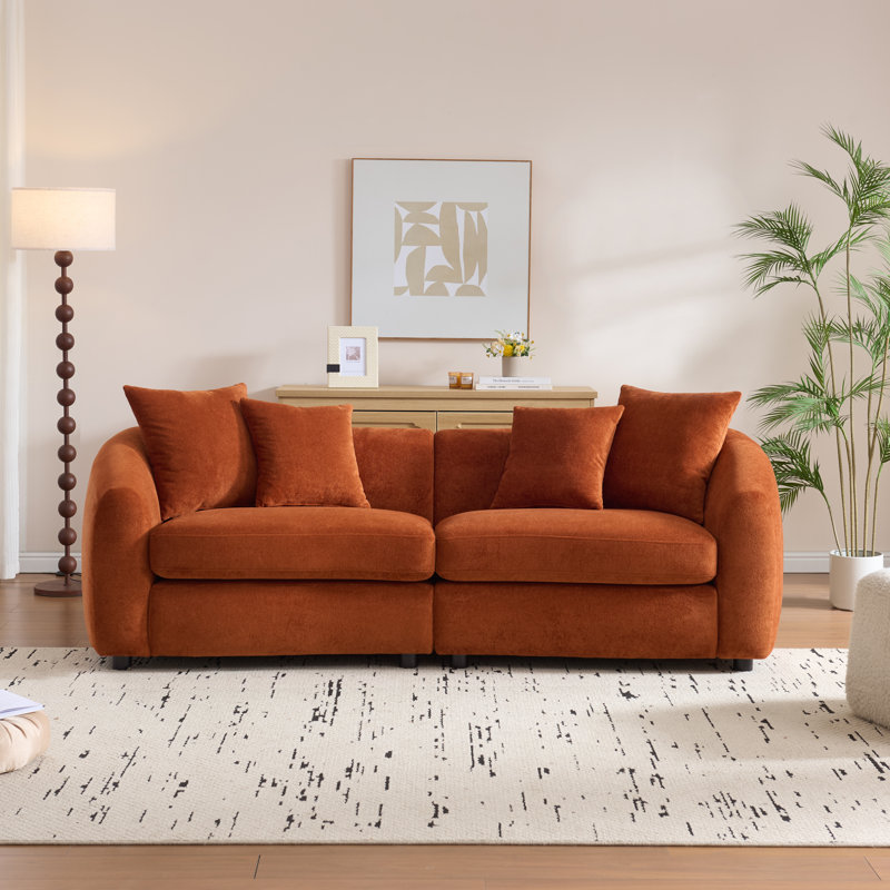 Calmera Organic Modern Upholstered Curved 3-Seater Sofa with High-Rebound Cushions, Orange-Red Velvet