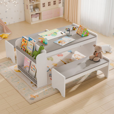 Kids Table And Chairs Set, Montessori Kids Table And Bench Set, Wooden Activity Table, Indoor Kid Craft Tables With Storage, Toddler Desk For Home, Classroom