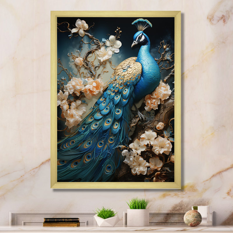 Ysaline Peacock Encaustic Portrait I - paon, art mural sur toile, H 40 po x l 30 po, Cadre flottant noir