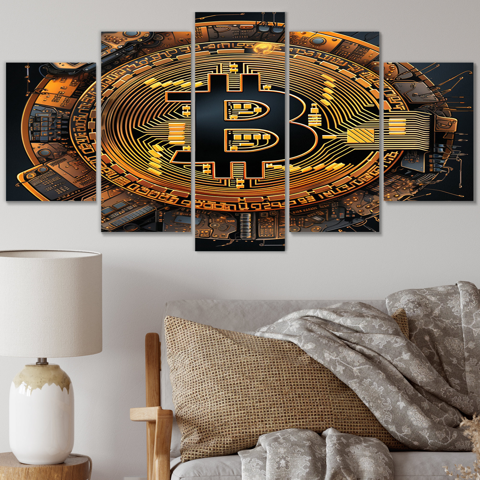 Design Art Bitcoin Crypto Seal - Modern Geometric Canvas Art Print - 5  Panels | Wayfair