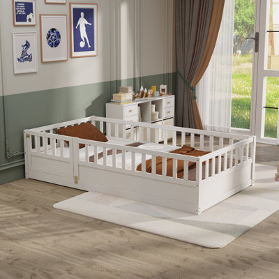 Twin Size Floor Bed, Integral Construction With Super High Security Barrier, Door, Children's Floor Bed Frame, Montessori Wooden Children's Floor Bed, White