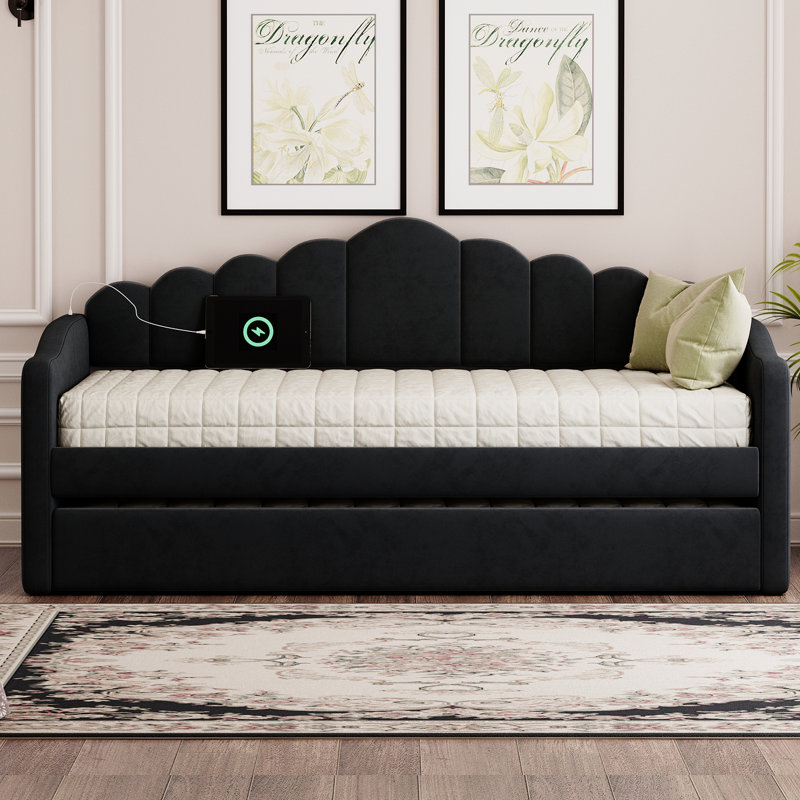  Twin Size Upholstered Daybed with Trundle, Velvet Sofa Bed with USB Charging Ports, No Box Spring Needed, Velvet Black