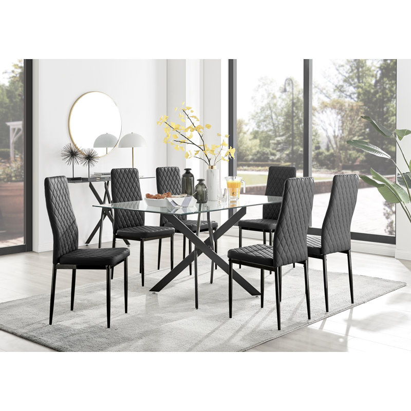 Lenworth Modern Black Metal and Glass Dining Table Set with 6 Upholstered Dining Chairs, Black