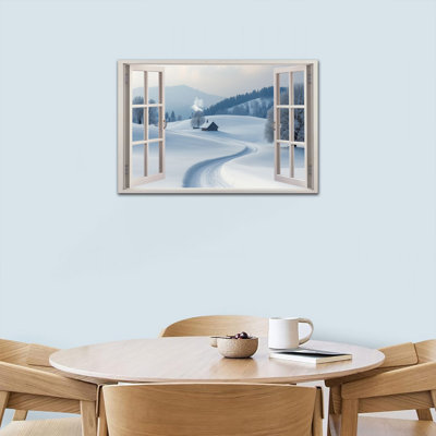 Canvas Wall Art Winter Window Scene Snowy Forest Landscape Canvas Prints Faux Open Window Picture for Living Room Bedroom Office Wall Decor Poster Painting Artwork (Ready to Hang), 12×16 Inches