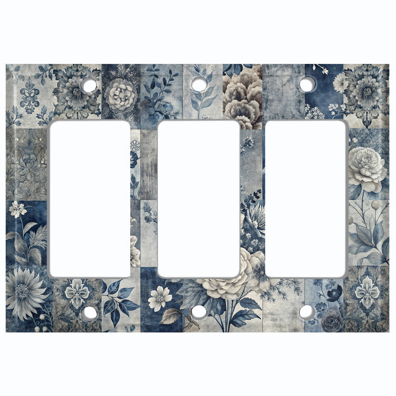 Couvercle de plaque d'interrupteur en métal; Fauteuil à bascule GFI 3 bandes US Standard - motif floral rétro bleu