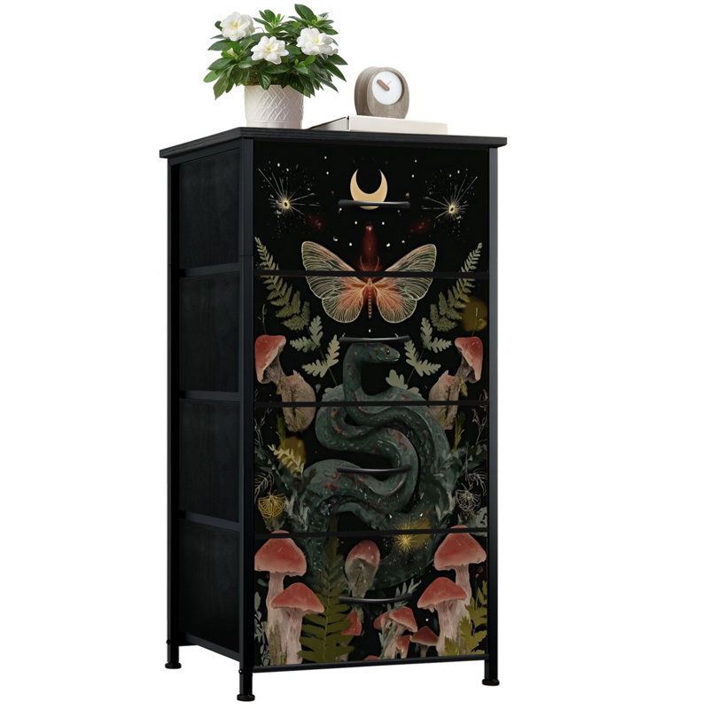 4 Drawer Vertical Storage Dresser magical forest elements snake night mushrooms plant space elements with Wood Top &amp; Fabric Pull Drawers
