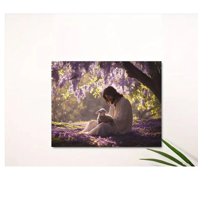 90*60 Flat Jesus And Lamb In The Flowers - Canvas Art Print | For Living Room.