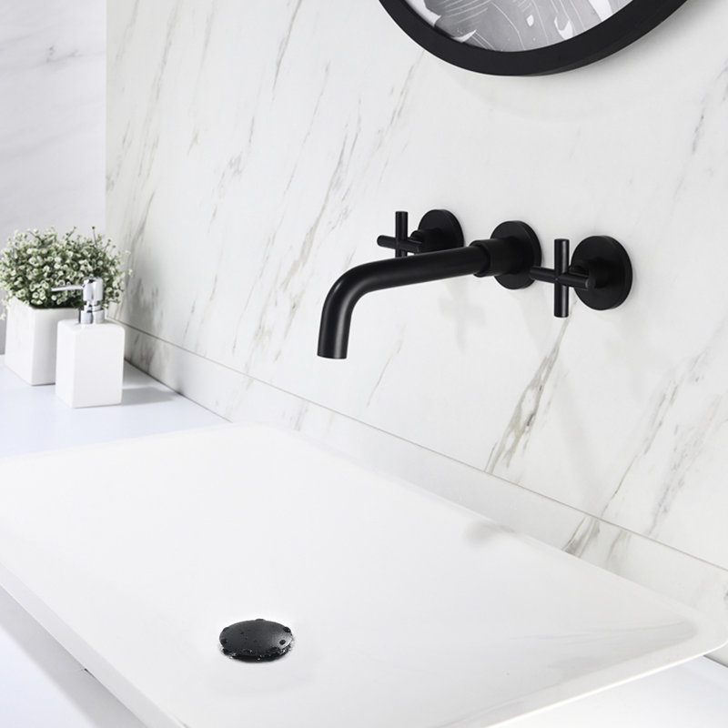 Robinet mural à deux poignées pour lavabo de salle de bain avec bonde escamotable, laiton et acier inoxydable, aération par éclaboussures, installation à domicile facile