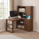 Bureau d'ordinateur en L avec éclairage à DEL et station de charge, bureau de jeu d'angle moderne avec bibliothèque, tiroirs et rangement pour bureau personnel, finition bois