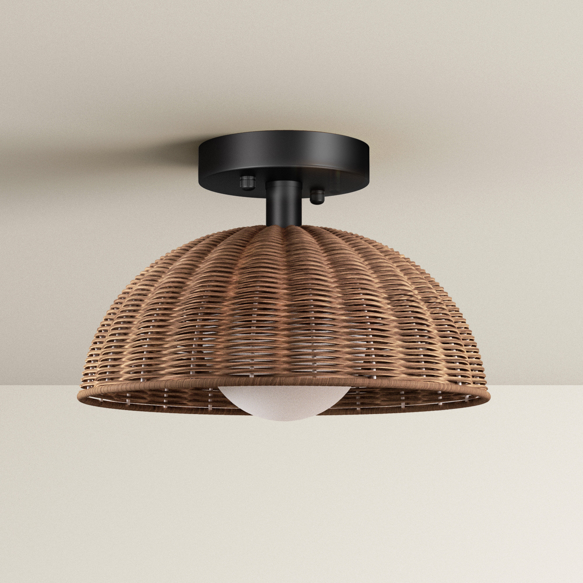 Bijolle 12'' 1 Light Farmhouse Rattan Plait Dome Semi Flush Mount Lighting For Living Room/Bedroom, Matte Black