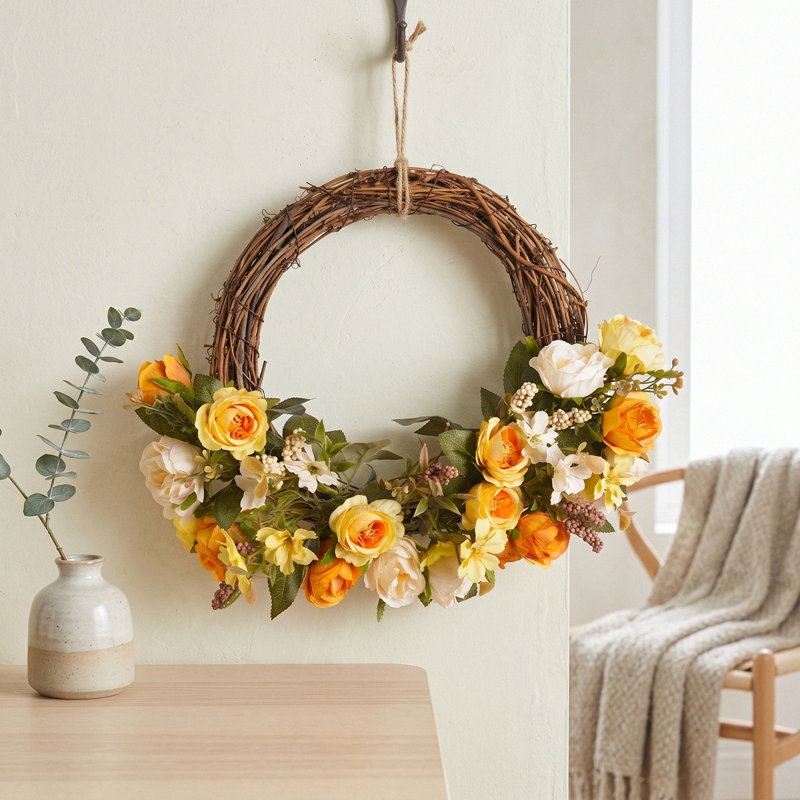 Couronne de soie artificielle rose, couronne de décoration de café pour porte murale de bureau extérieur, Orange/Yellow