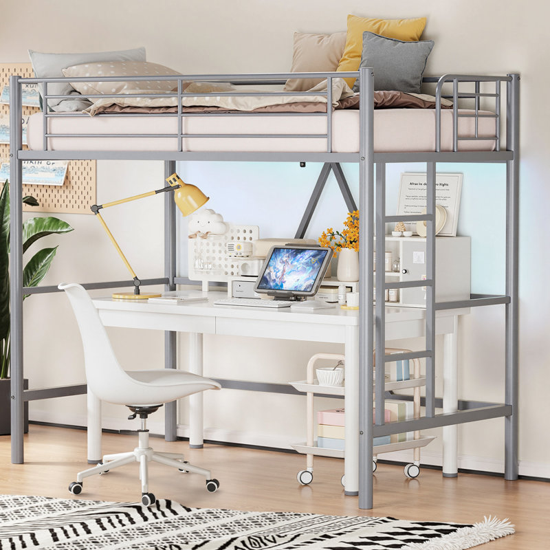 Metal Loft Bed Set Of 2, Heavy-Duty Steel Frame With Full-Length Guardrails, Built-In Ladder And Open Under-Bed Space For Storage Or Desk